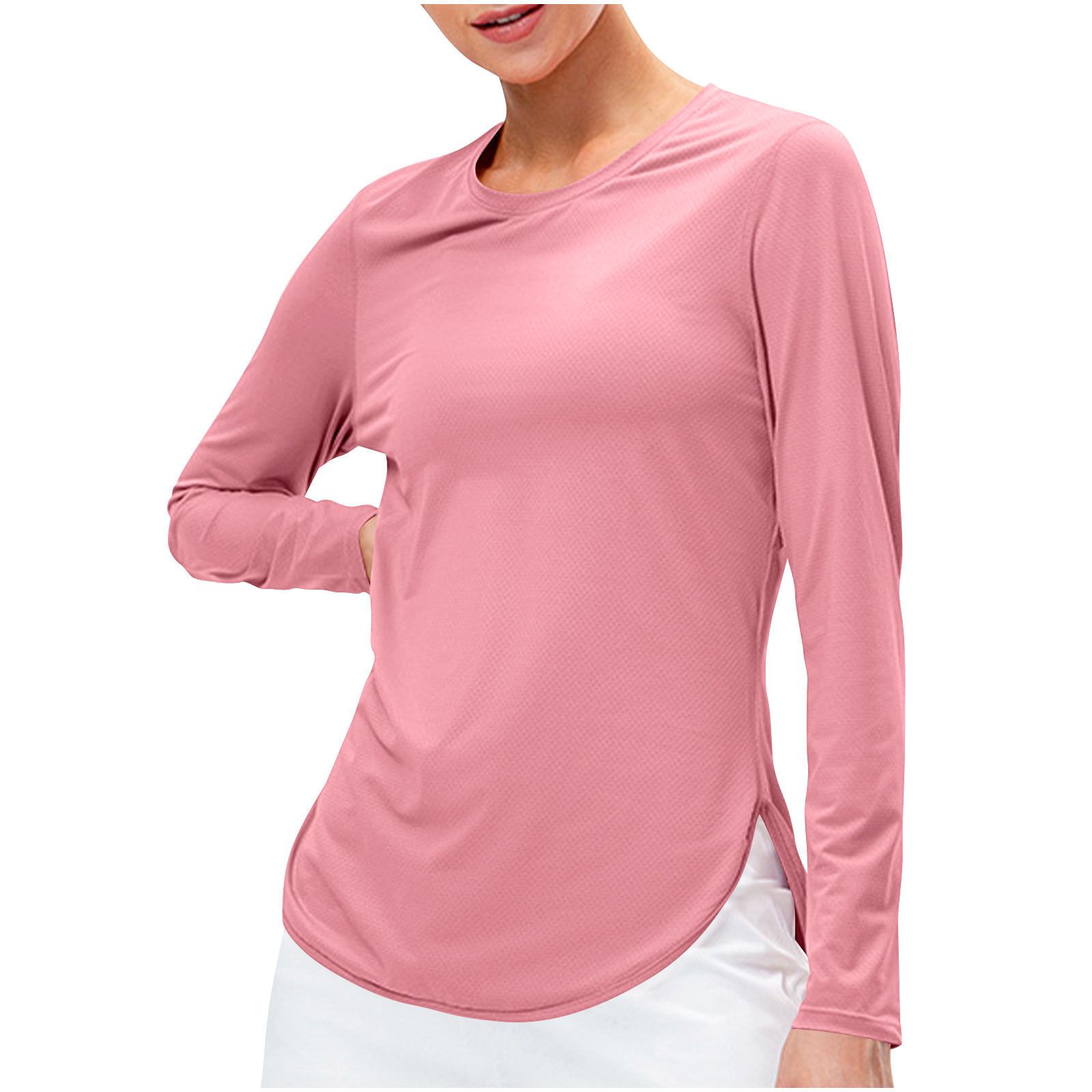 Zunfeo Athletic Shirts for Women Long Sleeve Quick Dry Yoga Workout Tops Sun Protection Shirts for Hiking Running Clearance Pink 10